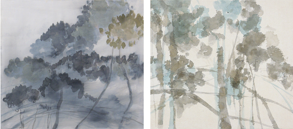Ohne Titel,  Tusche auf Chinapapier auf Leinwand, je 45 x 50 cm, 2020<br>In Privatsammlung