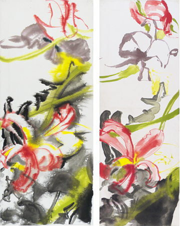 Ohne Titel,  Tusche auf Chinapapier auf Leinwand, 94 x 34 cm, 2022 <br> Tusche auf Chinapapier auf Leinwand, 94 x 39 cm, 2022